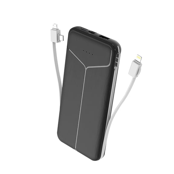 10000mAh Power Bank - Portable Charger with US Plug, 2 Built-in Cables, 4 Outputs, 3 Inputs, for iPhone 14, Android, and More