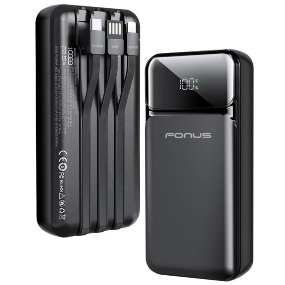 10000mAh Power Bank for Samsung Galaxy Tab A 10.5" (2018)/Tab A7 Lite 8.7" (2021) - 22.5W PD Fast Charge Backup Battery Portable Charger Built-in Cable LED Display 1-Port USB 2-Port USB-C