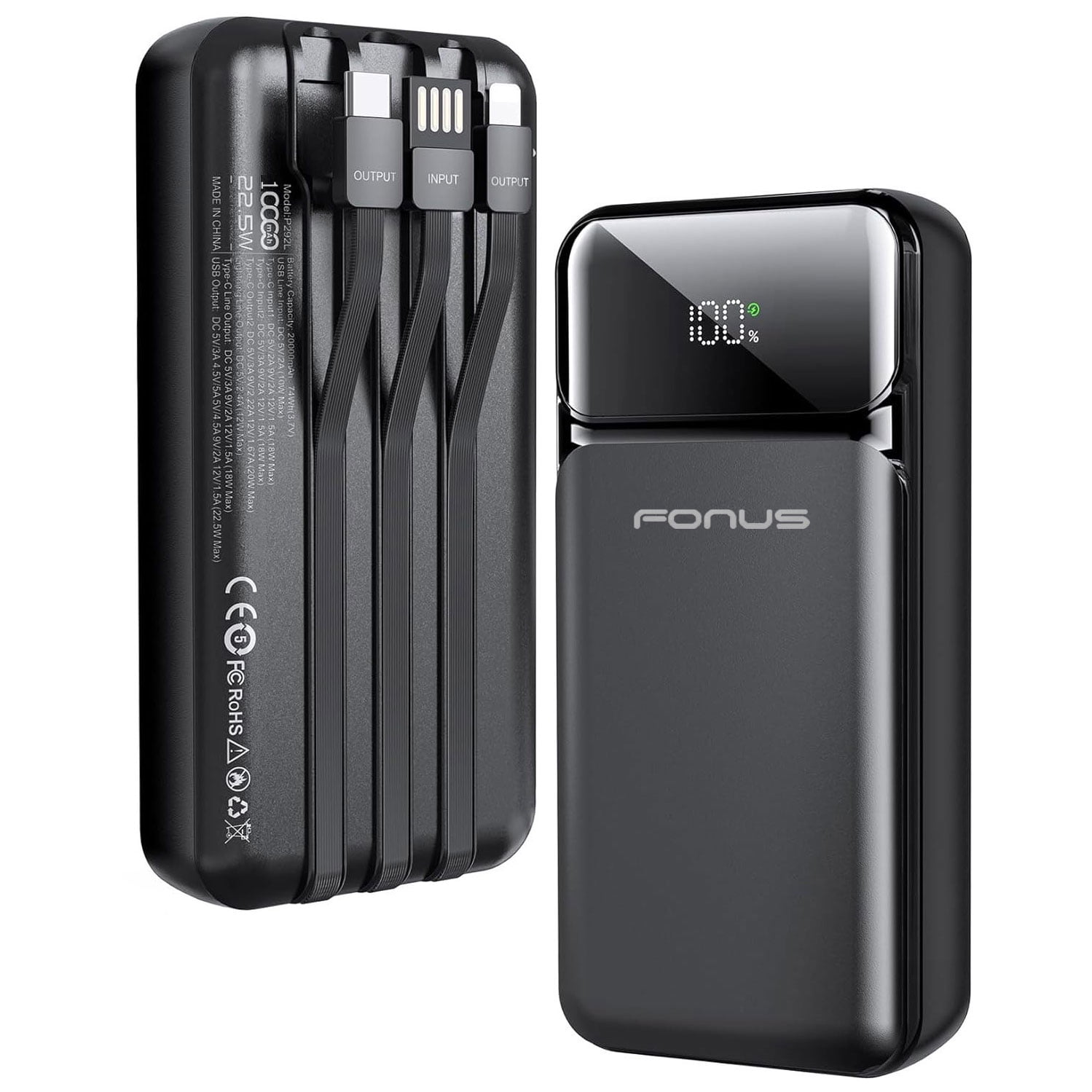 10000mAh Power Bank for Nokia T20/T21 - 22.5W PD Fast Charge Backup Battery Portable Charger Built-in Cable LED Display 1-Port USB 2-Port USB-C