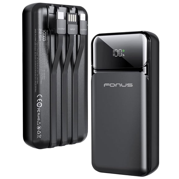10000mAh Power Bank for Nokia T20/T21 - 22.5W PD Fast Charge Backup Battery Portable Charger Built-in Cable LED Display 1-Port USB 2-Port USB-C