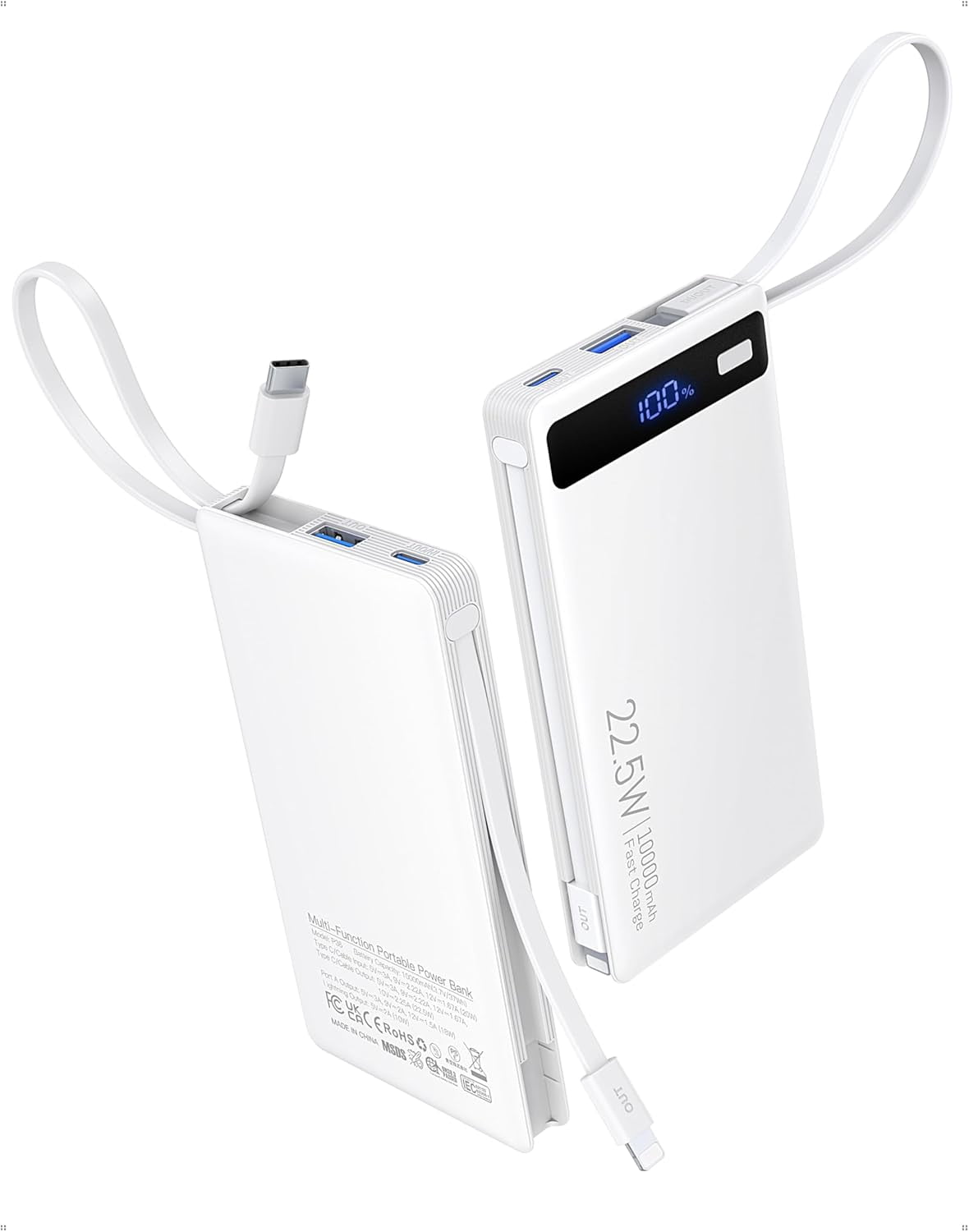 10000mAh Power Bank with 2 Built-in Cables, 22.5W PD Fast Charging Slim Portable Charger for iPhone Samsung iPad White