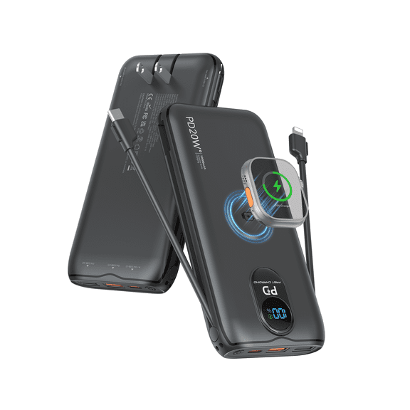 10000mAh Power Bank with Built-in AC Plug & Dual Cables, 20W PD, Apple Watch Wireless Charger,Black