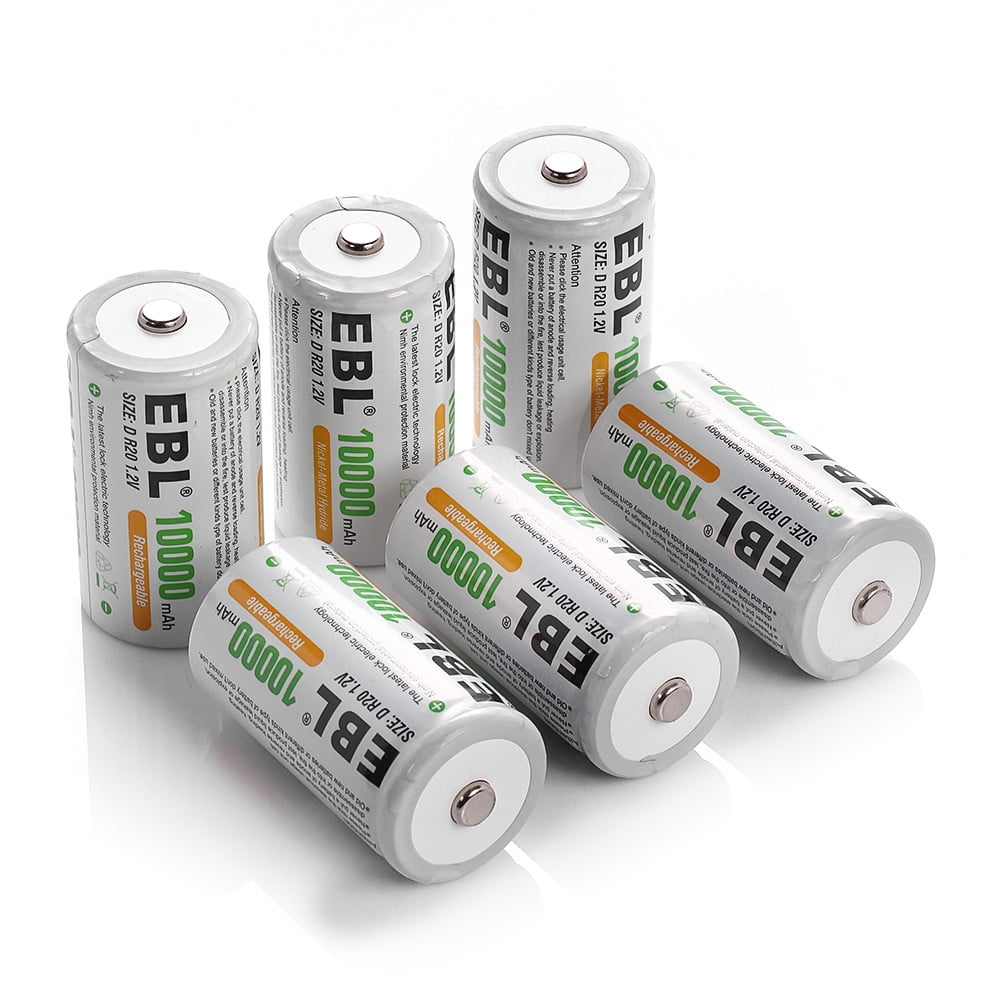 10000mAh Size D Rechargeable Batteries for Flashlights Toys, 6Pack