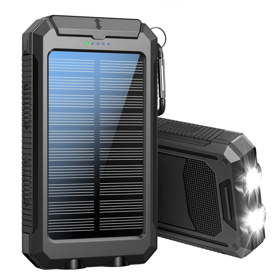 10000mAh Solar Charger for Cell Phone IPhone, Portable Solar Power Bank with Dual 5V USB Ports, 2 LED Light Flashlight, Compass Battery Pack for Outdoor Camping Hiking(Black)