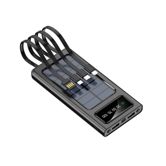 10000mAh Solar Power Bank, Portable Battery Cell Phone Charger 4 Cables Charging with LED Flashlight for Outdoor Camping