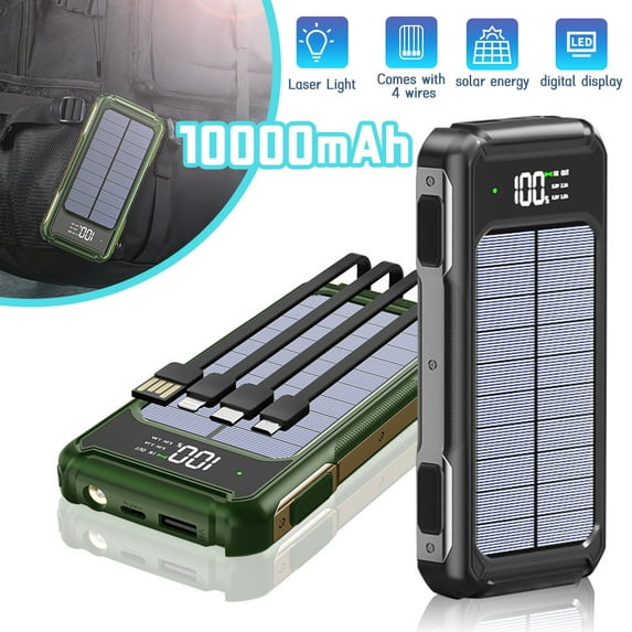 10000mAh Solar Power Bank with 3 Output and 1 Input Cables,Flashlights,LED Display,Portable Backup External Battery Charger for Cell Phone