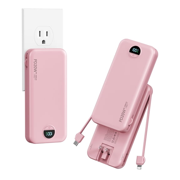 10000mAh Ultra-Portable-Charger-Power-Bank with Built in Cables&AC Wall Plug, PD20W USB-C Fast Charging Cell Phone Charger Battery Pack,LED Display Travel Battery Bank for All iPhone,Samsung,Android