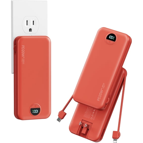 10000mAh Ultra-Portable-Charger-Power-Bank with Built in Cables&AC Wall Plug, PD20W USB-C Fast Charging Cell Phone Charger Battery Pack,LED Display Travel Battery Bank for All iPhone,Samsung,Android