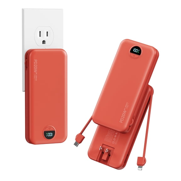 10000mAh Ultra-Portable-Charger-Power-Bank with Built in Cables&AC Wall Plug, PD20W USB-C Fast Charging Cell Phone Charger Battery Pack,LED Display Travel Battery Bank for All iPhone,Samsung,Android