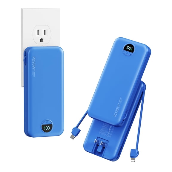 10000mAh Ultra-Portable-Charger-Power-Bank with Built in Cables&AC Wall Plug, PD20W USB-C Fast Charging Cell Phone Charger Battery Pack,LED Display Travel Battery Bank for All iPhone,Samsung,Android