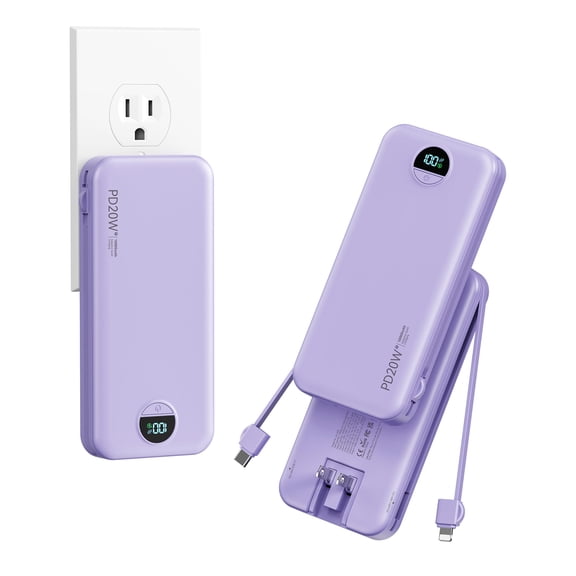 10000mAh Ultra-Portable-Charger-Power-Bank with Built in Cables&AC Wall Plug, PD20W USB-C Fast Charging Cell Phone Charger Battery Pack,LED Display Travel Battery Bank for All iPhone,Samsung,Android
