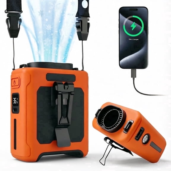 MIMIRGB Portable Waist Fan,  Rechargeable 10000mAh Belt Clip Personal Cooler with LED Light, 5 Speed Strong Airflow Neck Hanging Fan for Outdoor Working, Orange
