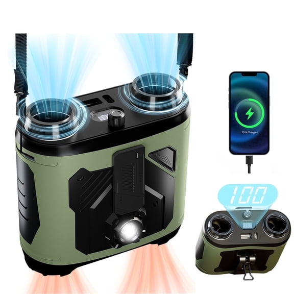 10000mAh Waist Fan Portable Fan for Outdoor Work - 22000 RPM Brushless Motor Personal Fan with 52ft/s Airflow, 100 Speeds, Power Bank, LED Flashlight, Dual Outlets for Camping Travel Construction