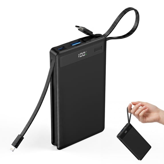 10000mAh Portable Power Bank, Ultra-Slim All-in-One Portable Charger, Built-in USB-C Cable for Input & Output, 22.5W 4-Port Fast Charging, Safe Li-Polymer Battery Pack for iPhone 12-17/Android