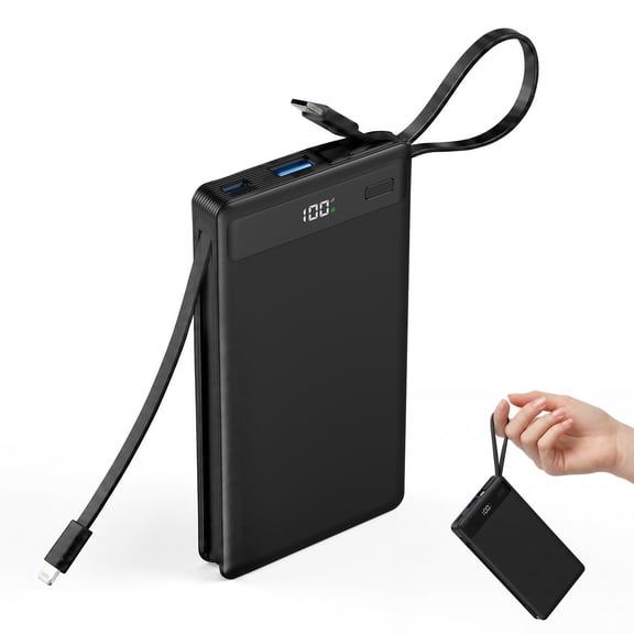 10000mAh Portable Power Bank, Ultra-Slim All-in-One Portable Charger, Built-in USB-C Cable for Input & Output, 22.5W 4-Port Fast Charging, Safe Li-Polymer Battery Pack for iPhone 12-17/Android