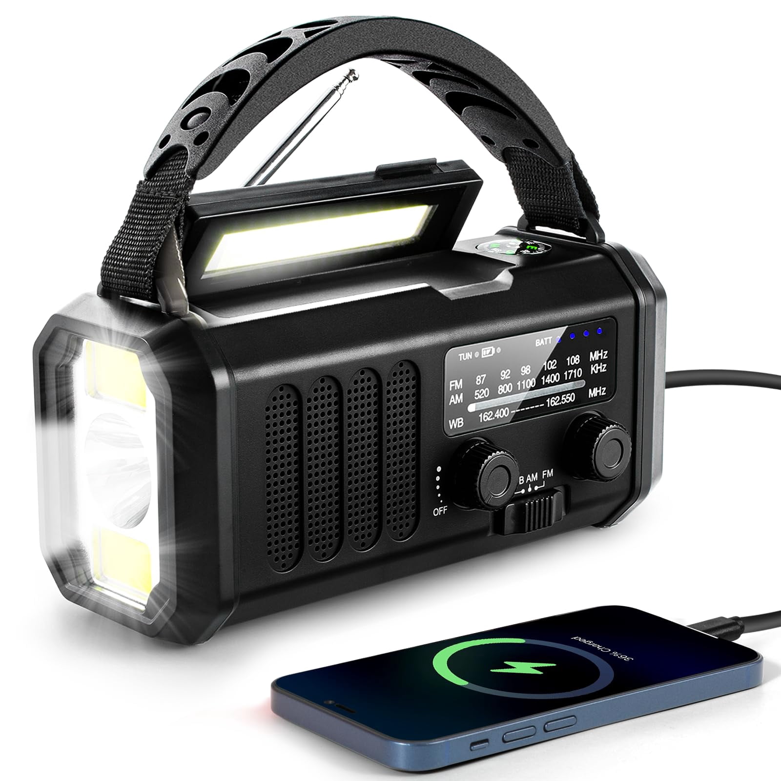 10000mah Emergency Crank Radio Noaa/am/fm Weather  Type-c Charge Solar Charging Sos 3 Modes Led Reading Lamp Compass For Outdoor Survival(black)