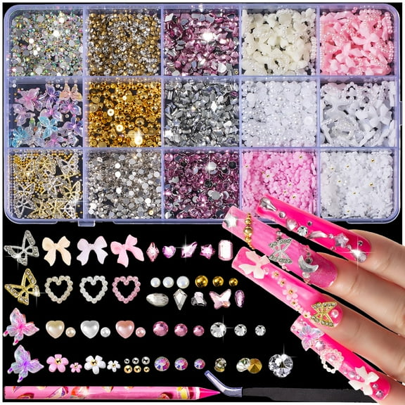 10000pcs Nail Charms and Gems:Pink Cute Bow Heart 3D Flower Charms for Junk Cases kit;Gold Chunky Butterfly Charms for Nails Design,nail jewels Diamond Rhinestones for Nails;Beads Pearls for Nail