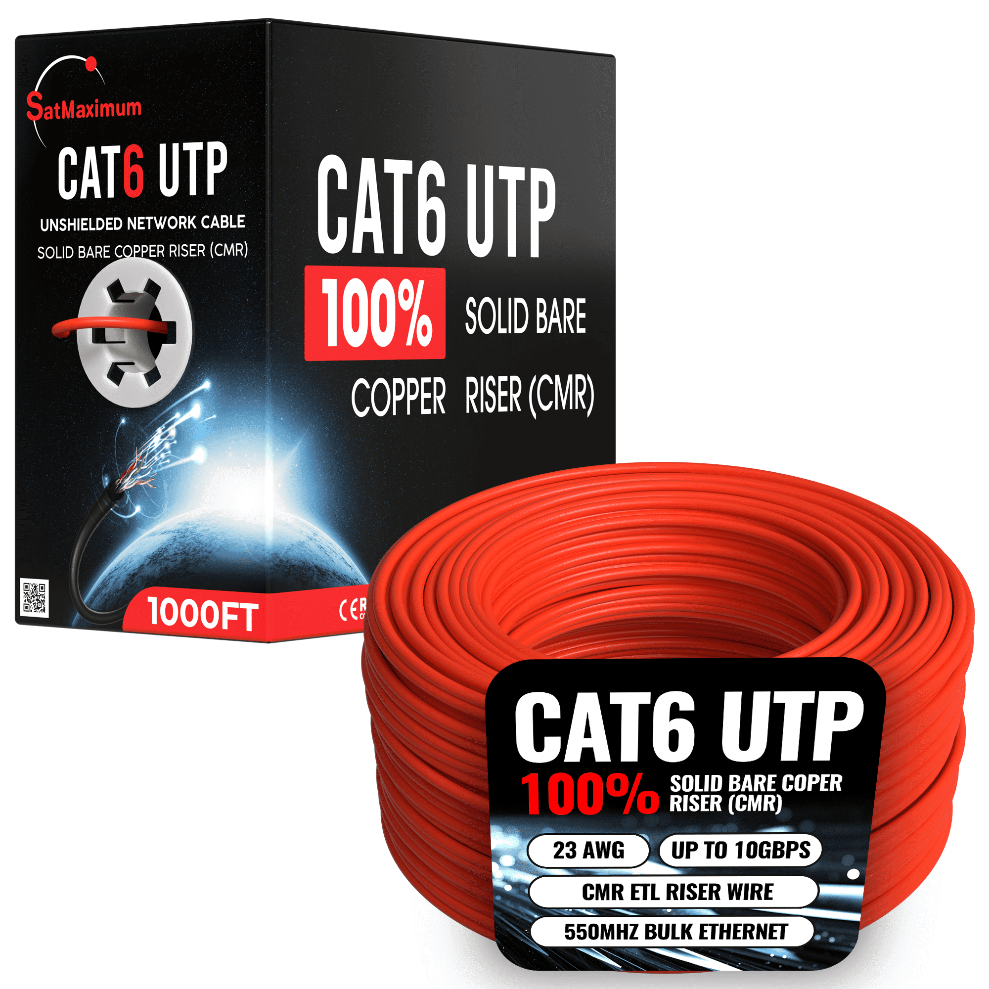 1000FT Cat6 Ethernet Cable Red, 23AWG Solid Bare Copper, CMR Riser Rated, PoE Compatible, Bulk Network LAN Wire, Cables Direct Online