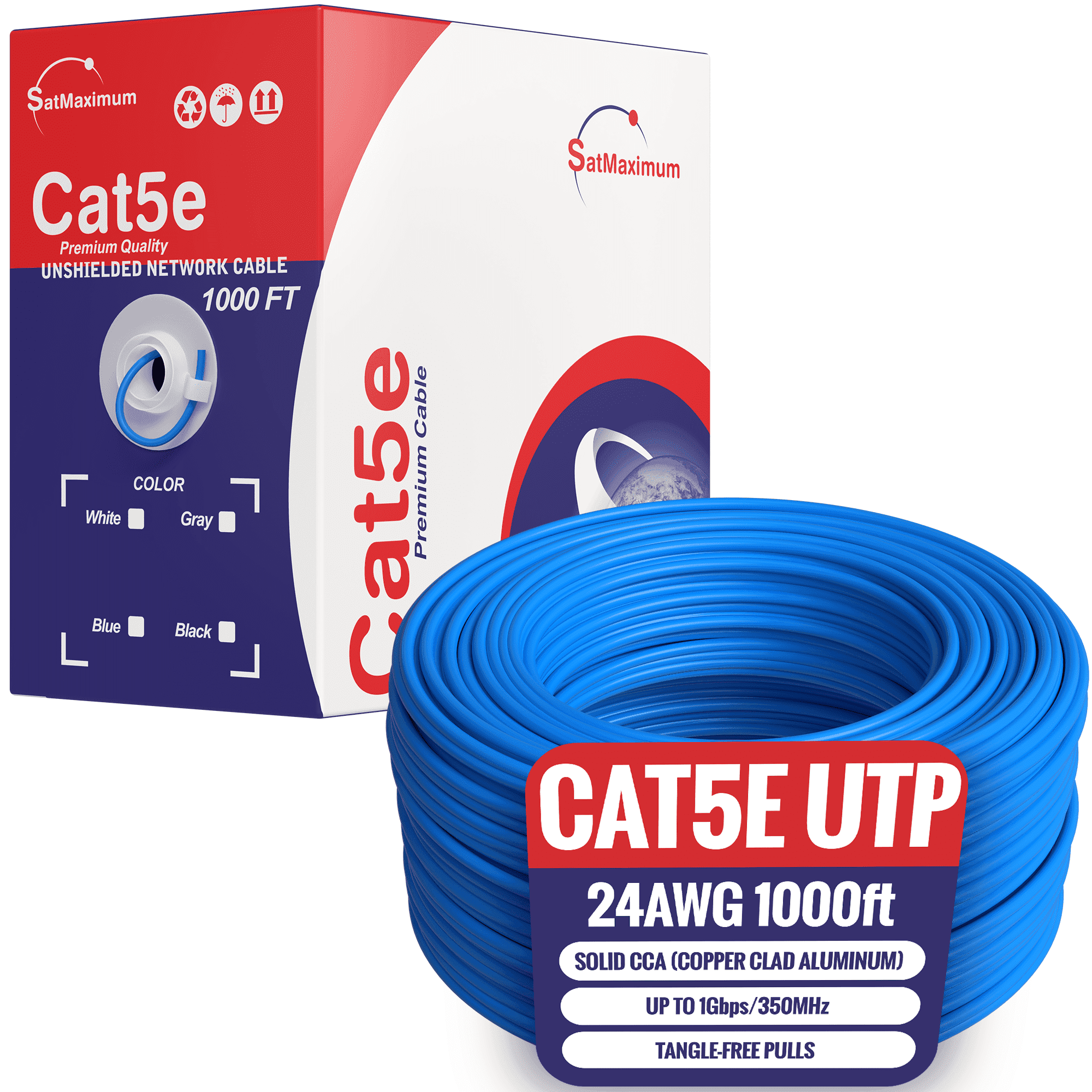 1000FT Plenum Cat5e Ethernet Cable Blue, 24AWG Solid CCA, CMP UTP Bulk Pull Box, 350MHz Gigabit Network LAN Wire, PoE Compatible, Cables Direct Online