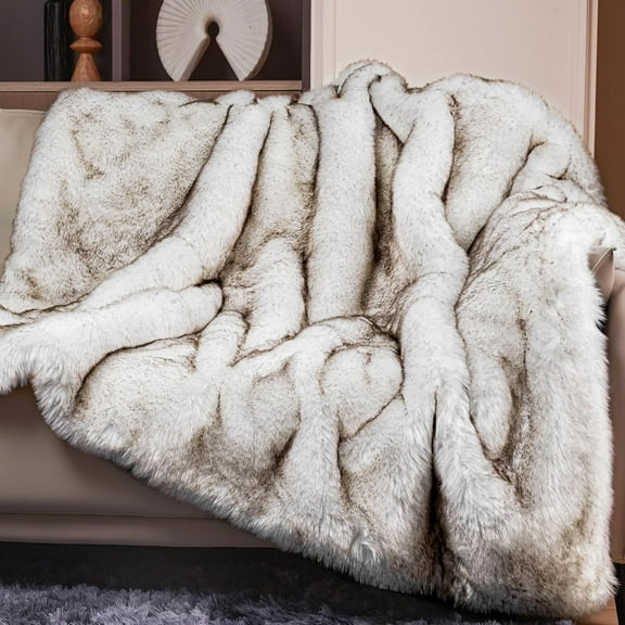1000GSM Faux Fur Throw Blanket, Super Thick Warm Cozy Heavy Blankets for Couch Bed Sofa, Plush Fuzzy Elegant Winter Reversible Mink Blanket for Living Room Bedroom 50''x60'', WhiteBrown