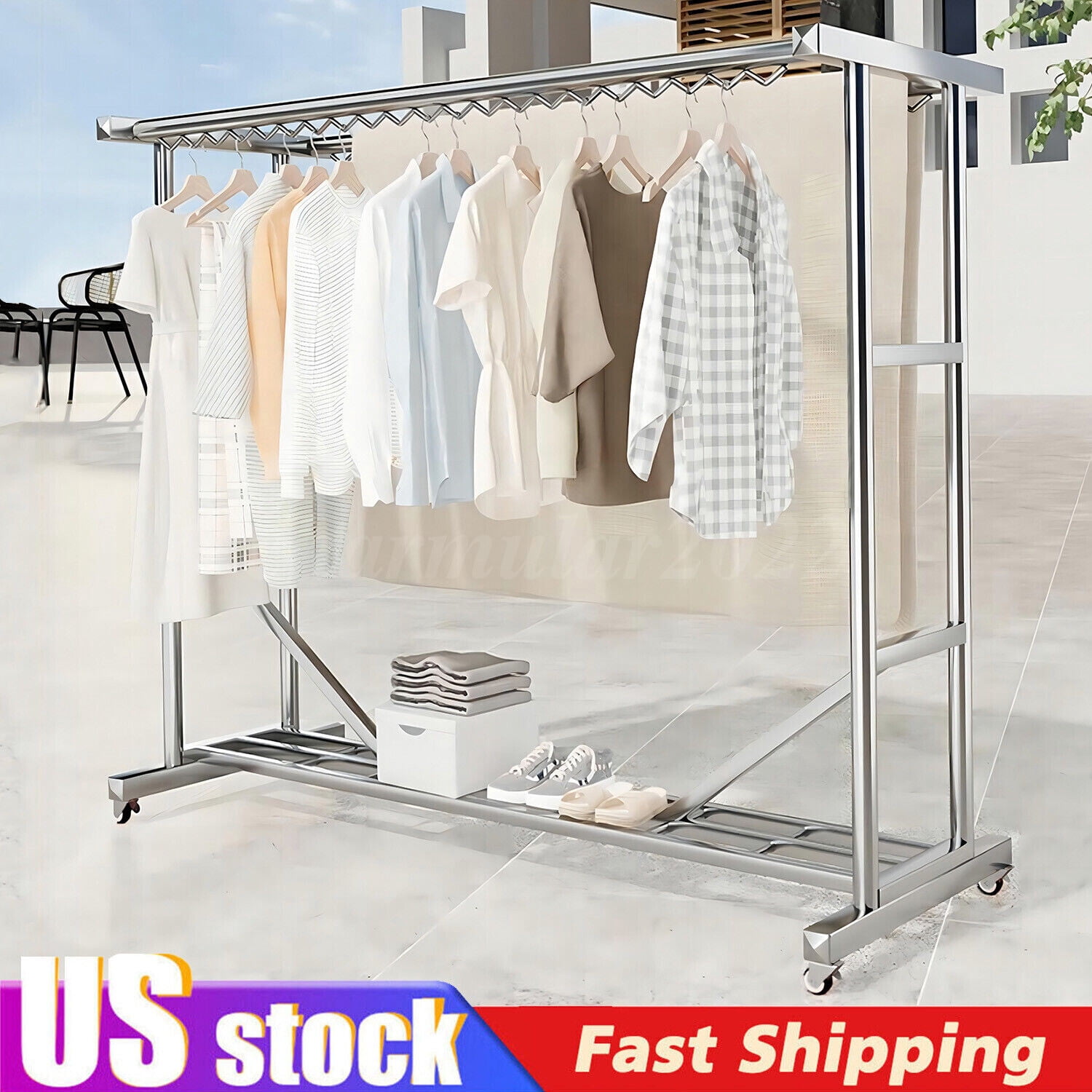 1000LBS Collapsible Double Heavy Duty Rolling Clothing Garment Rack ...