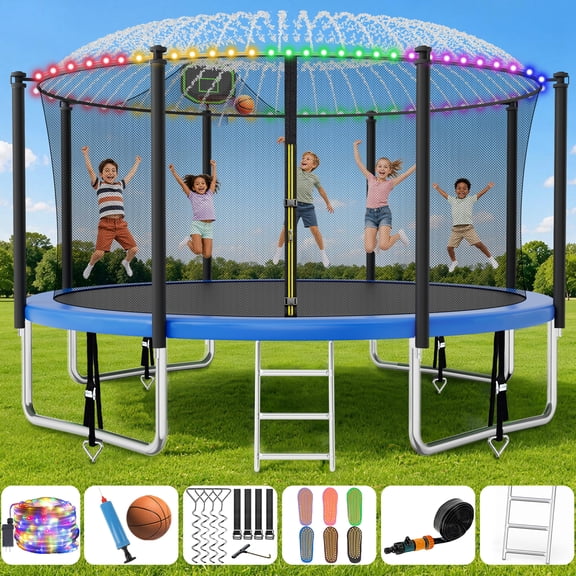 1000LBS Trampoline for Kids Adults with Basketball Hoop, Safety Enclosure, Sprinkler, LED Light & Wind Stakes – Heavy Duty Outdoor