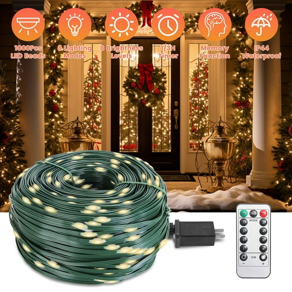 1000LED Christmas String Light 330FT Green Wire Outdoor Decorative Fairy Lighting with 8 Modes Remote Plug, Warm Yellow