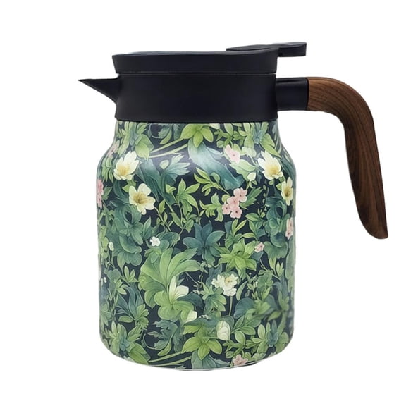 1000ML Stainless Steel Thermal Coffee Pot with Wooden Handle, Vintage Patterned Tea Kettle for Hot Beverages, Insulated Carafe with Built-in Filter
