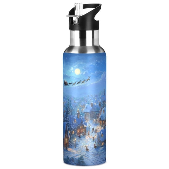 1000ML Transparent Sports Water Bottle with Handle & Straw Portable Water Bottle for Outdoor Camping Gym Beautiful Christmas Night Scene