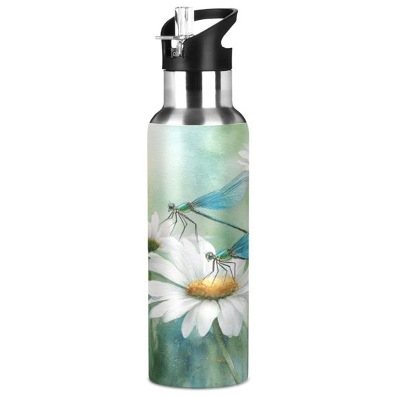 1000ML Transparent Sports Water Bottle with Handle & Straw Portable Water Bottle for Outdoor Camping Gym Beautiful Dragonflies and Daisies