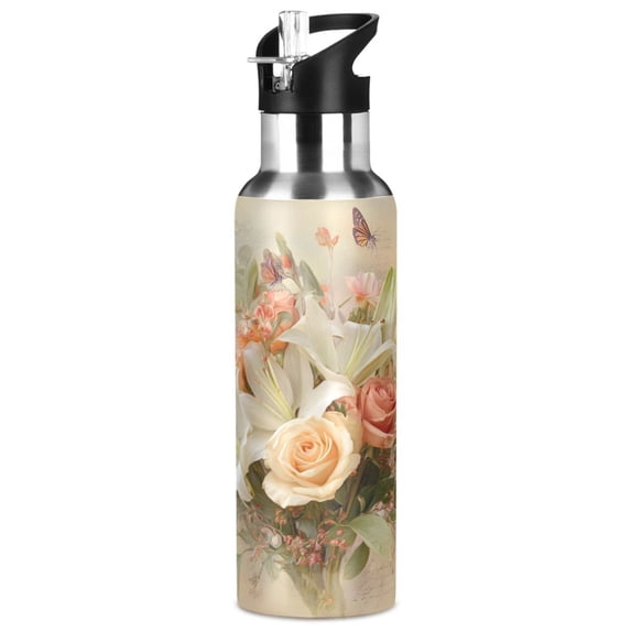 1000ML Transparent Sports Water Bottle with Handle & Straw Portable Water Bottle for Outdoor Camping Gym Beautiful Floral Bouquet