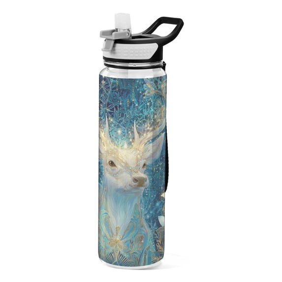 1000ML Transparent Sports Water Bottle with Handle & Straw Portable Water Bottle for Outdoor Camping Gym Beautiful Glowing Deer