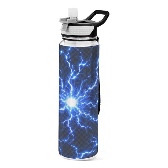 1000ML Transparent Sports Water Bottle with Handle & Straw Portable Water Bottle for Outdoor Camping Gym Blue Lightning Bolt Pattern