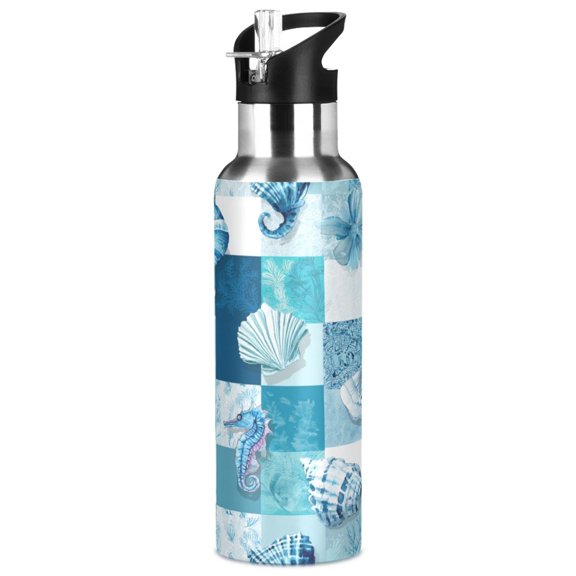 1000ML Transparent Sports Water Bottle with Handle & Straw Portable Water Bottle for Outdoor Camping Gym Blue Marine Life Patterns