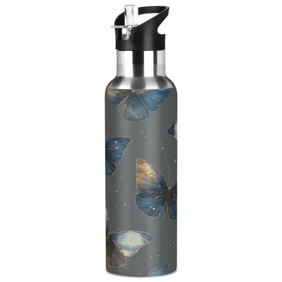 1000ML Transparent Sports Water Bottle with Handle & Straw Portable Water Bottle for Outdoor Camping Gym Brown-blue Butterfly Pattern