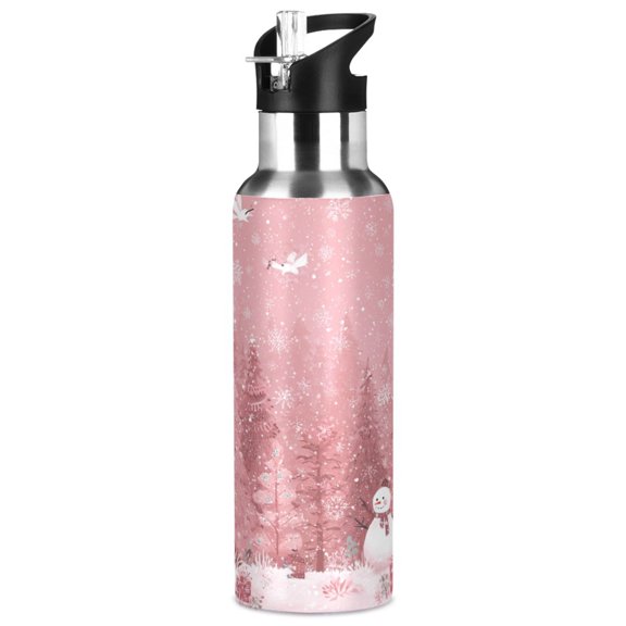 1000ML Transparent Sports Water Bottle with Handle & Straw Portable Water Bottle for Outdoor Camping Gym Christmas Forest with Snowmen