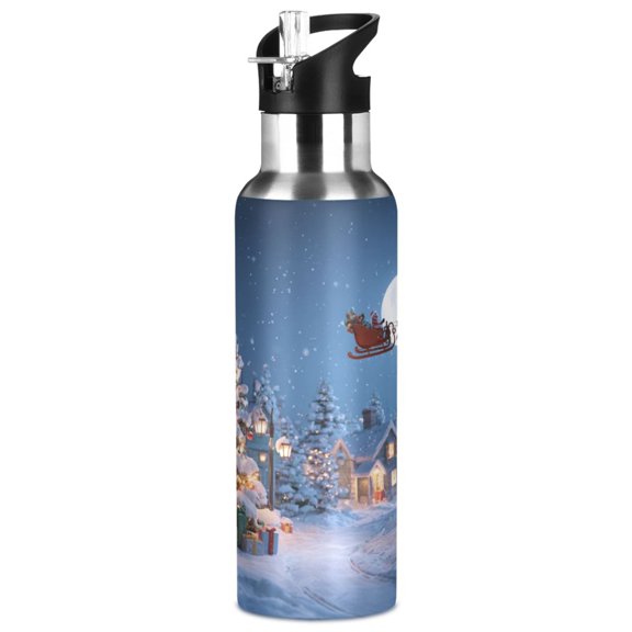 1000ML Transparent Sports Water Bottle with Handle & Straw Portable Water Bottle for Outdoor Camping Gym Christmas Night Scene