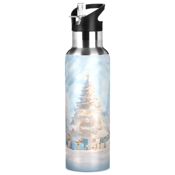 1000ML Transparent Sports Water Bottle with Handle & Straw Portable Water Bottle for Outdoor Camping Gym Christmas Tree in The Snow