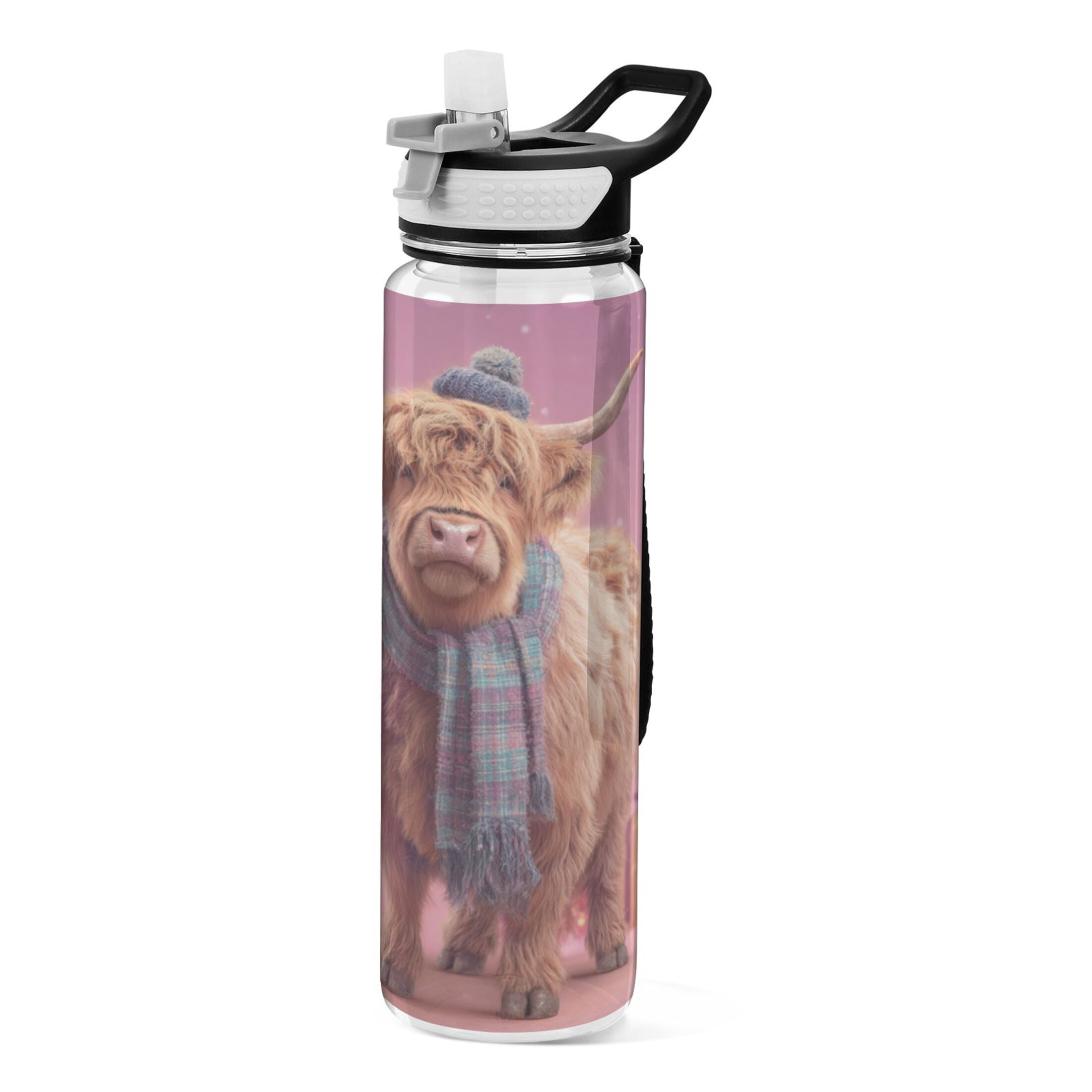 1000ML Transparent Sports Water Bottle with Handle & Straw Portable Water Bottle for Outdoor Camping Gym Cow Wearing Christmas