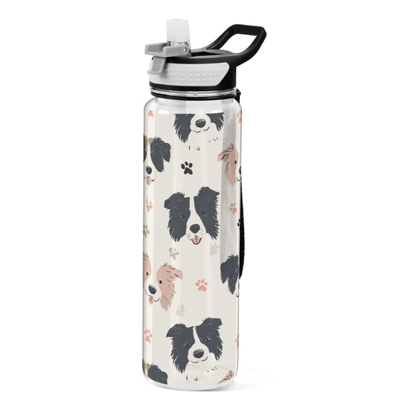 1000ML Transparent Sports Water Bottle with Handle & Straw Portable Water Bottle for Outdoor Camping Gym Dog Head and Paw Prints