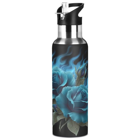 1000ML Transparent Sports Water Bottle with Handle & Straw Portable Water Bottle for Outdoor Camping Gym Eternal Blue Rose and Flame
