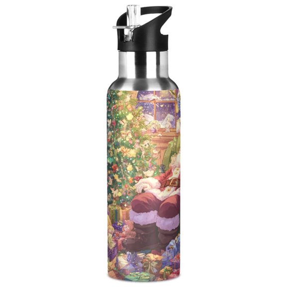 1000ML Transparent Sports Water Bottle with Handle & Straw Portable Water Bottle for Outdoor Camping Gym Festive Christmas Scene