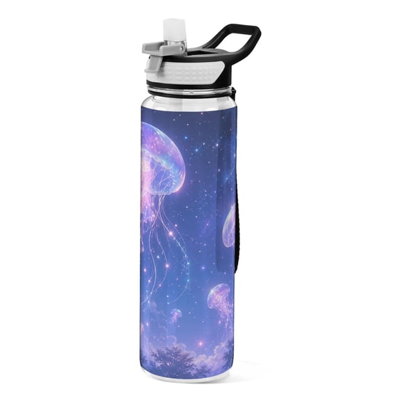 1000ML Transparent Sports Water Bottle with Handle & Straw Portable Water Bottle for Outdoor Camping Gym Floating Fluorescent Jellyfish