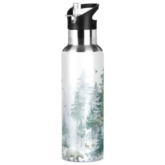 1000ML Transparent Sports Water Bottle with Handle & Straw Portable Water Bottle for Outdoor Camping Gym Green Snowy Forest Scene