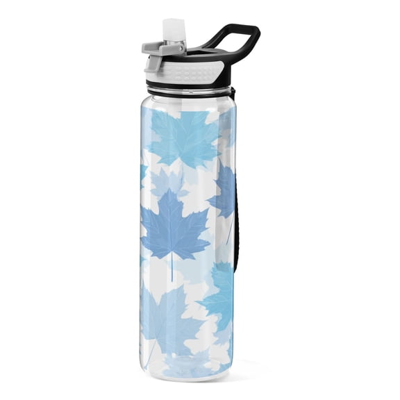 1000ML Transparent Sports Water Bottle with Handle & Straw Portable Water Bottle for Outdoor Camping Gym Light Blue Maple Leaves