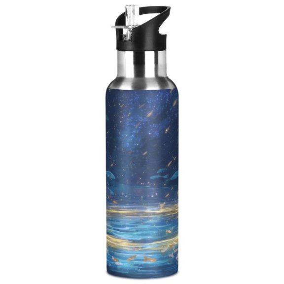 1000ML Transparent Sports Water Bottle with Handle & Straw Portable Water Bottle for Outdoor Camping Gym Magical Night Sky with Fish