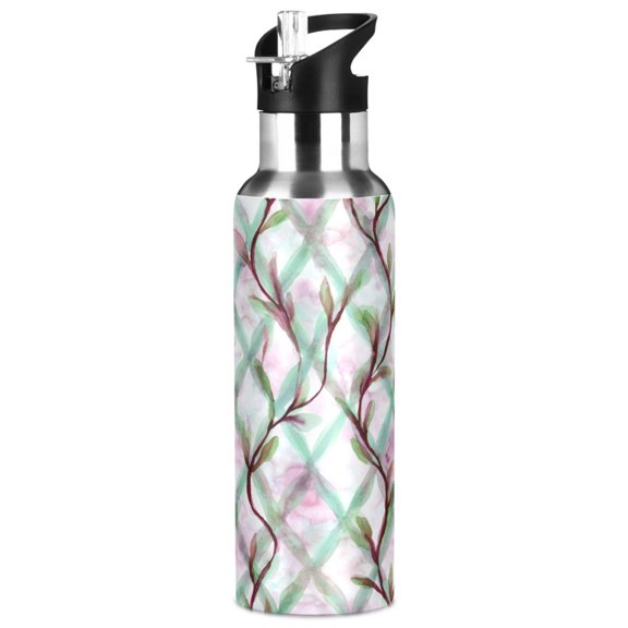 1000ML Transparent Sports Water Bottle with Handle & Straw Portable Water Bottle for Outdoor Camping Gym Mint Green Vines