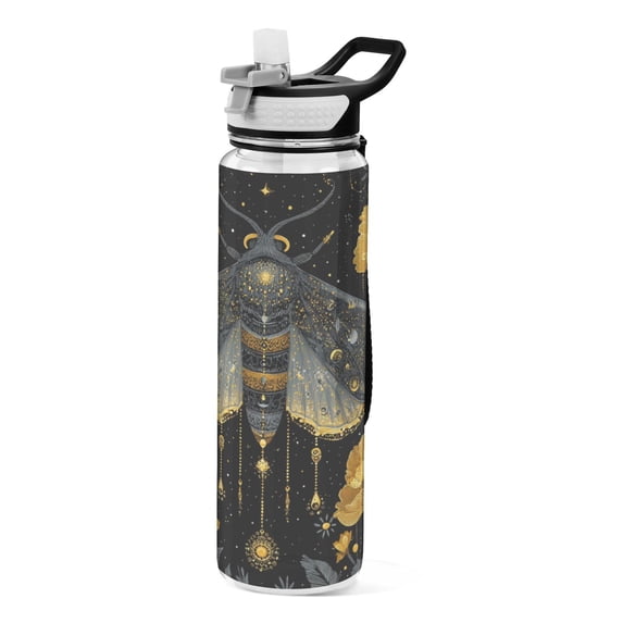 1000ML Transparent Sports Water Bottle with Handle & Straw Portable Water Bottle for Outdoor Camping Gym Mystical Moth Pattern