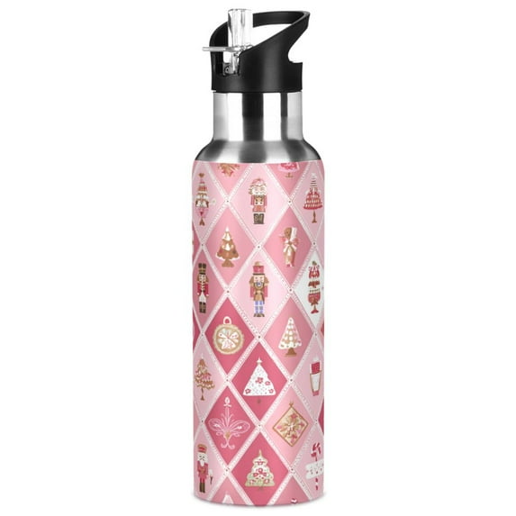 1000ML Transparent Sports Water Bottle with Handle & Straw Portable Water Bottle for Outdoor Camping Gym Pink and White Christmas Motifs