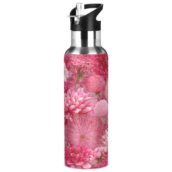 1000ML Transparent Sports Water Bottle with Handle & Straw Portable Water Bottle for Outdoor Camping Gym Red Chrysanthemum and Dandelion